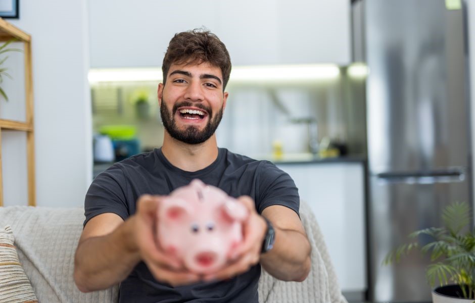 Homem sorridente segurando um porquinho de pelúcia na sala de estar, simbolizando economia e planejamento financeiro.