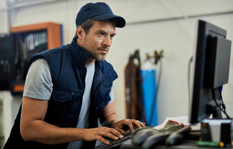 Homem de meia-idade com boné e colete azul-marinho digitando em um teclado, olhando para um monitor de computador em um ambiente industrial ou oficina.
